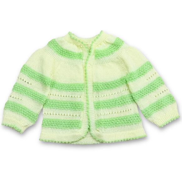 Vintage Other - Vintage Handmade Pointelle Knit Mint Butter Yellow Stripe Cardigan Sweater 12-24